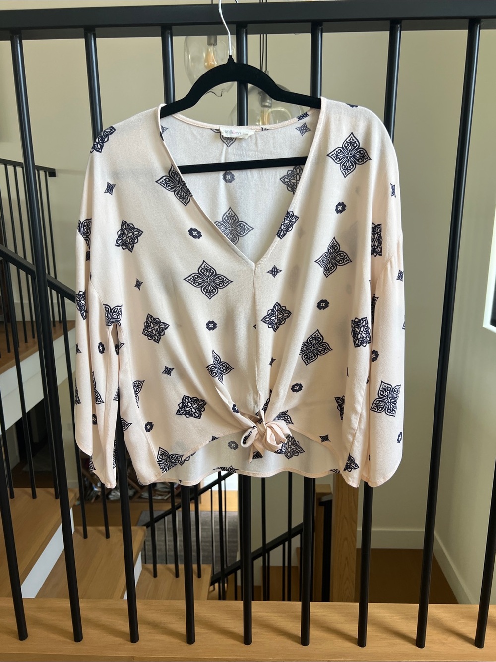 Millibon Cream Blouse with Navy Geometric Print and Tie Front